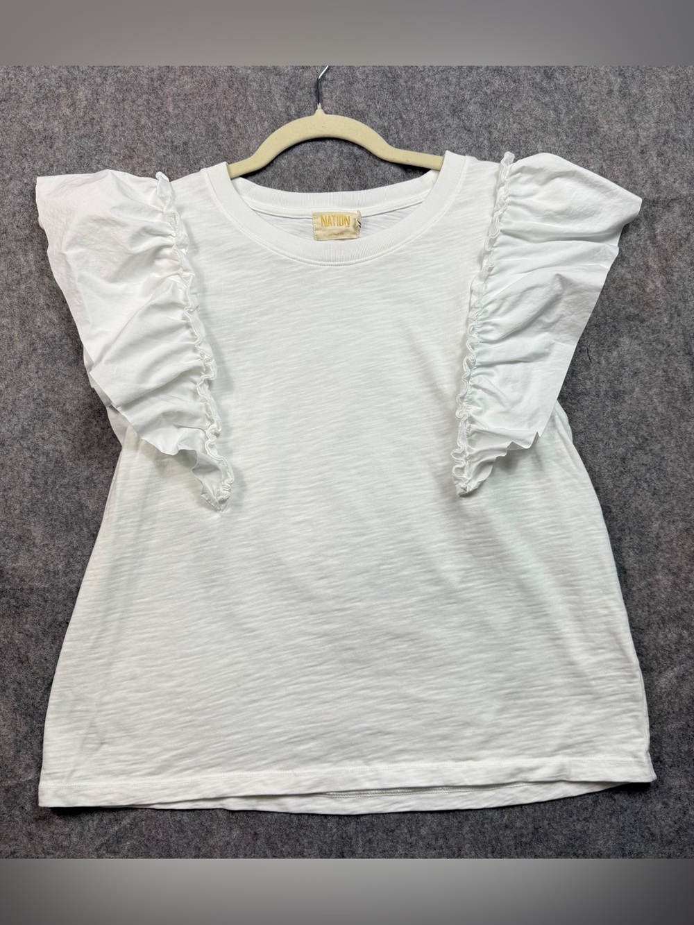 NATION LTD White Ruffle Flutter Sleeve Knit Top 100% Cotton Crew Neck Size L